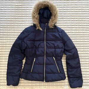 H&M Navy Puffer Coat Faux Fur Lined Hood Size 4